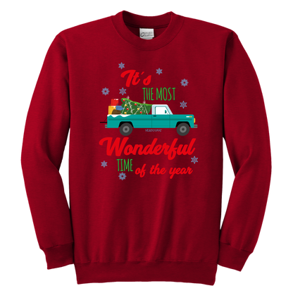 Red Christmas Truck Youth Kids Sweatshirt, Ugly Xmas Sweater Most Wonderful Time Year Farmhouse Snow Tree Boys Girls Starcove Fashion