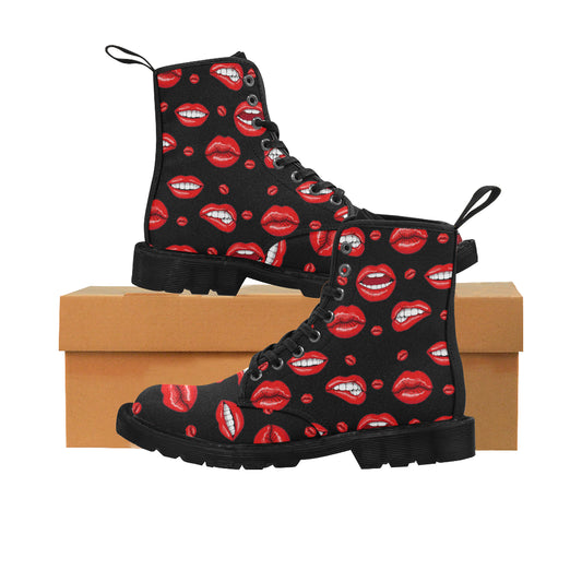 Sexy Red Lips Women's Boots, Pop Art Print Vegan Canvas Lace Up Shoes, Black Party Festival Rave Print Army Combat Winter Casual Custom Gift Starcove Fashion