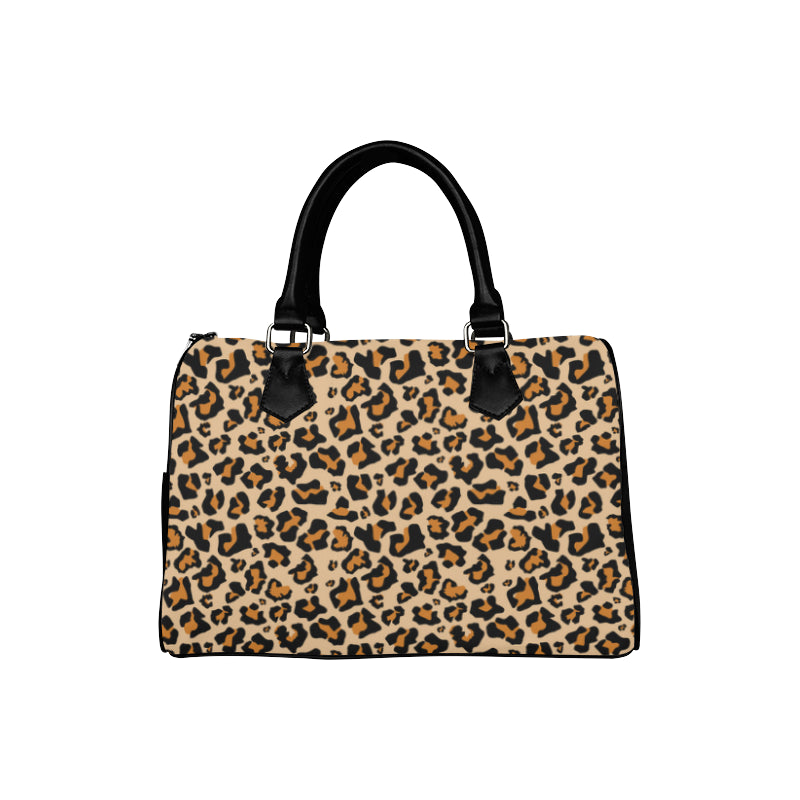 Leopard Print Purse Handbag, Animal Cheetah Canvas and Leather Top Handle Boston Barrel Type Designer Accessory Women Bag