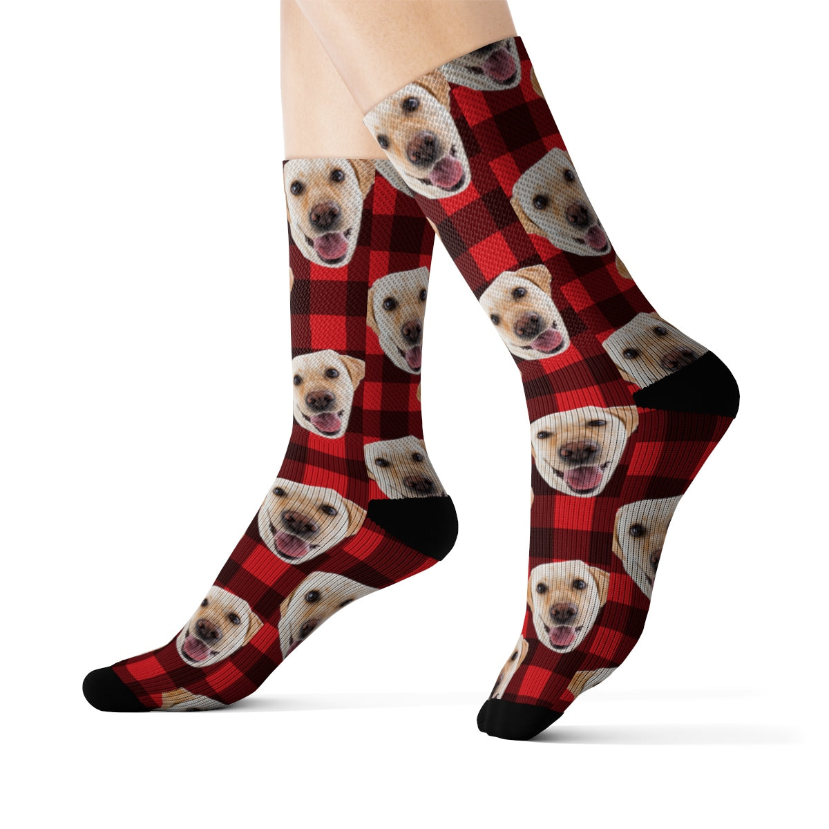 Custom Printed Plaid Dog Socks, Photo Face Cat Red Buffalo Plaid 3D Sublimation Check Lumberjack Women Men Fun Cool Funky Unique Socks Starcove Fashion