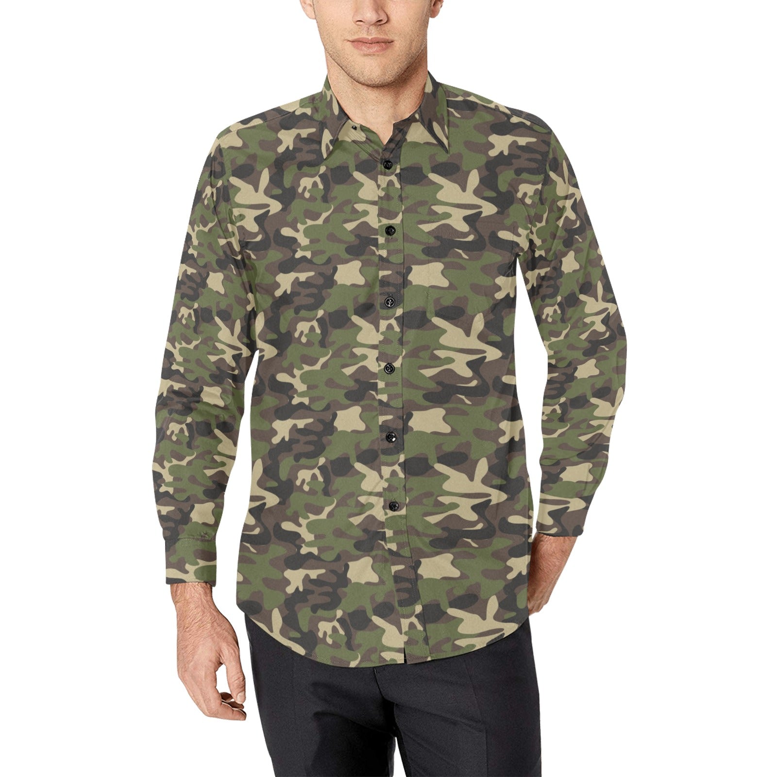 Camouflage Long Sleeve Men Button Up Shirt, Green Camo Tactical Woodland Outdoor Print Casual Dress Buttoned Collar Chest Pocket Lightweight 2XL