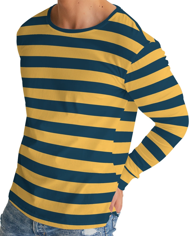 Blue and Yellow Stripes Men Long Sleeve Tshirt, Wide Striped Unisex Women Designer Graphic Aesthetic Crew Neck Tee