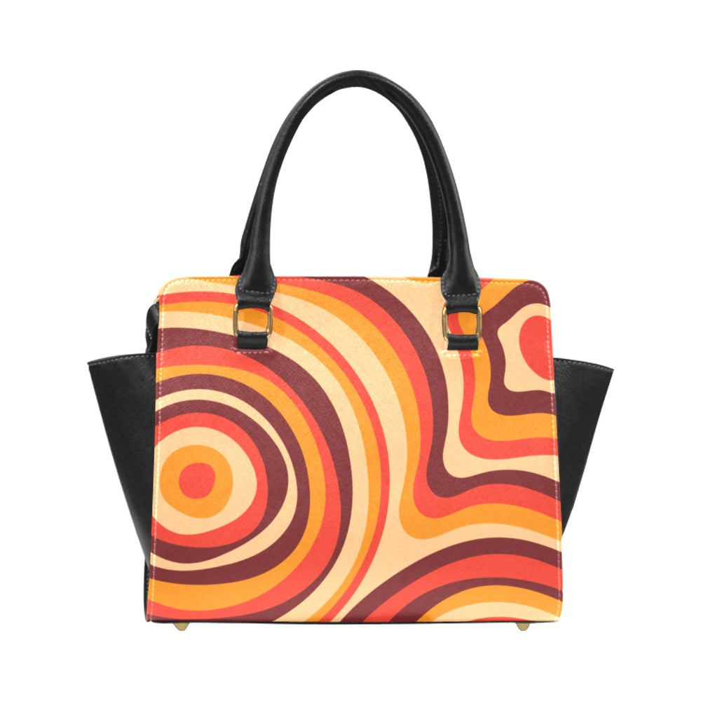Retro 70s Purse Handbag, Groovy Funky Orange Yellow Brown Vintage Vegan Leather Designer Women Satchel Top Zip Handle Bag Shoulder Strap Starcove Fashion
