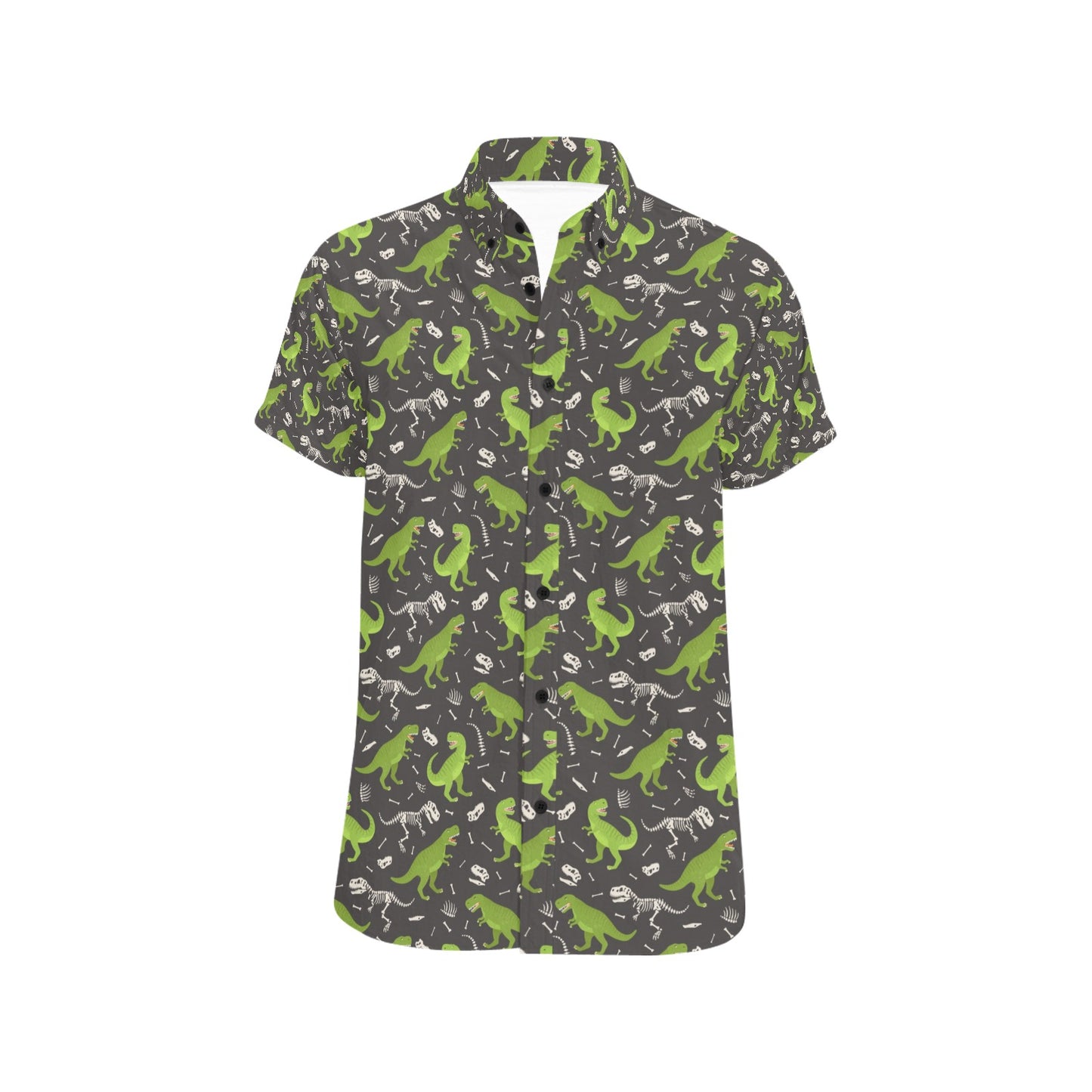 Dinosaur Short Sleeve Men Button Up Shirt, Dino Skeleton Green Print Casual Buttoned Down Summer Dress Shirt Gift Husband Starcove Fashion