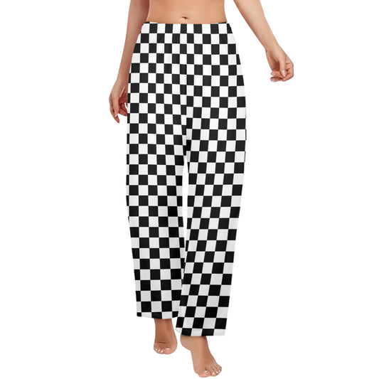 Checkered Women Pajamas Pants, Black White Check Checkerboard Satin PJ Pockets Trousers Couples Matching Ladies Trousers Bottoms