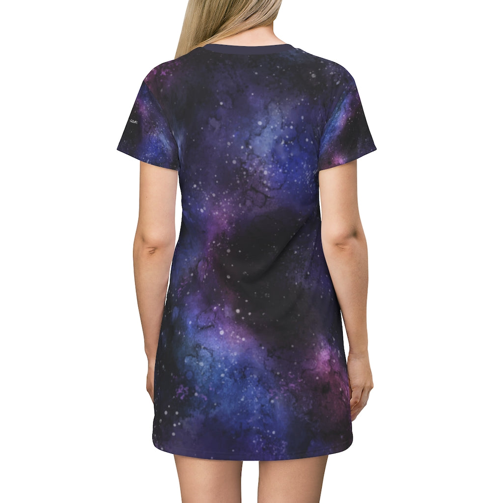 Galaxy Space T Shirt Dress Women, Constellation Cosmic Stars Purple Print Universe Celestial Party Rave Festival Girls Tee Ladies Starcove Fashion