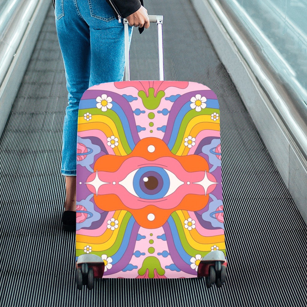 Psychedelic Luggage Cover, Groovy Vintage 70s Funky Eye 1970s Aesthetic Suitcase Hard Bag Washable Protector Small Large Carry Travel Gift