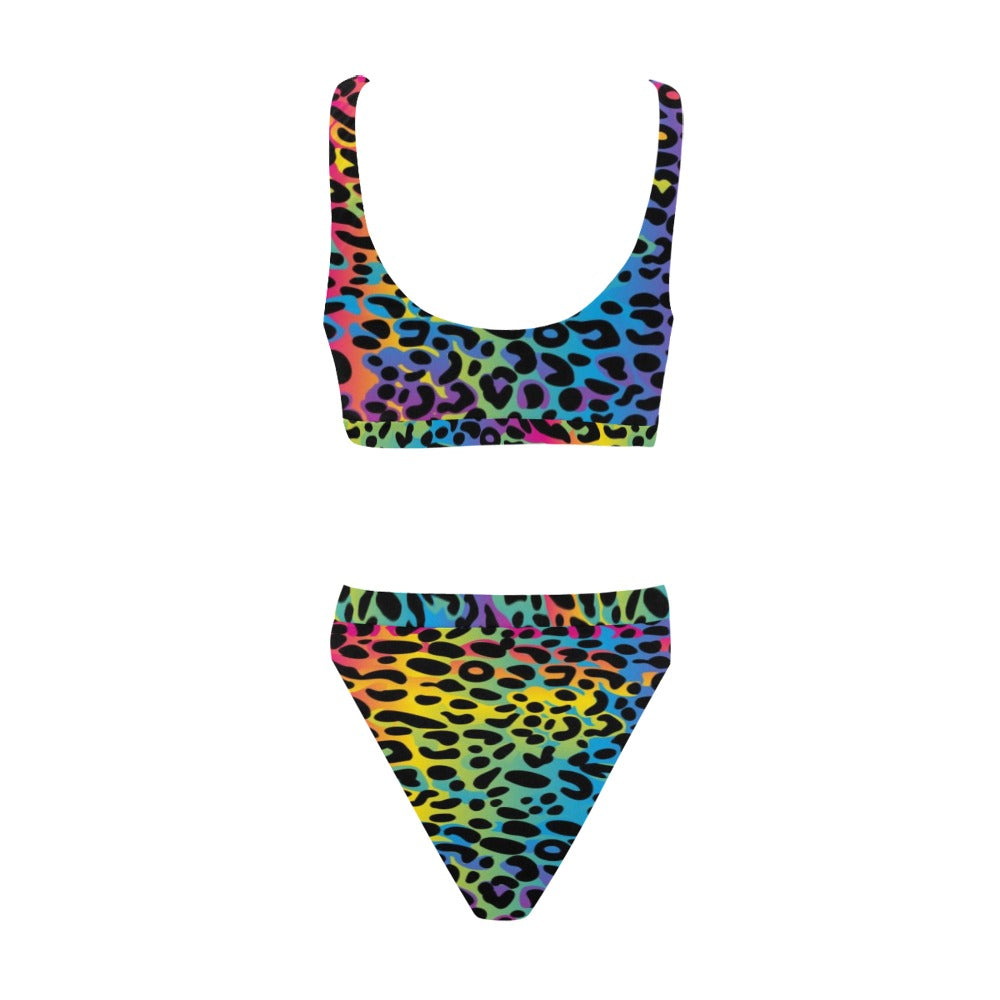 Rainbow Leopard Print Bikini Set, Animal Cheetah High Waisted Bikini Cheeky Bottom Sexy Swimsuit Swimwear Plus Size Bathing Suit Two Piece Starcove Fashion