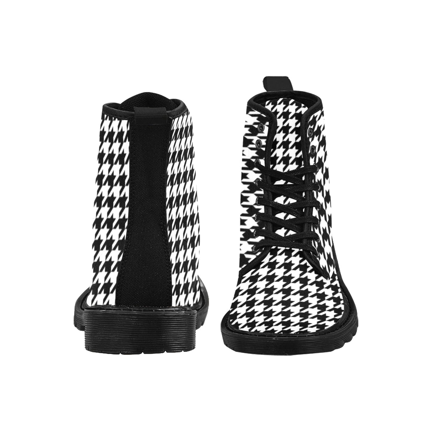 Houndstooth Women's Boots, Black White Print Vegan Canvas Lace Up Shoes Army Ankle Combat Winter Casual Custom Gift Starcove Fashion