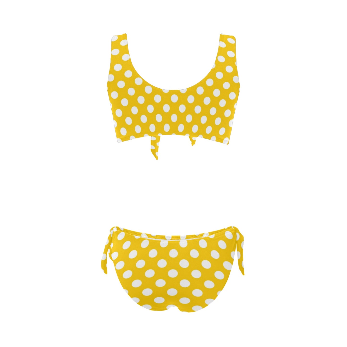Yellow Polka Dot Bikini Set, Two Piece Front Bow Tie Knot Swimsuit Women High Waisted Bottom Top Sexy String Bathing Suit Padded Swimwear