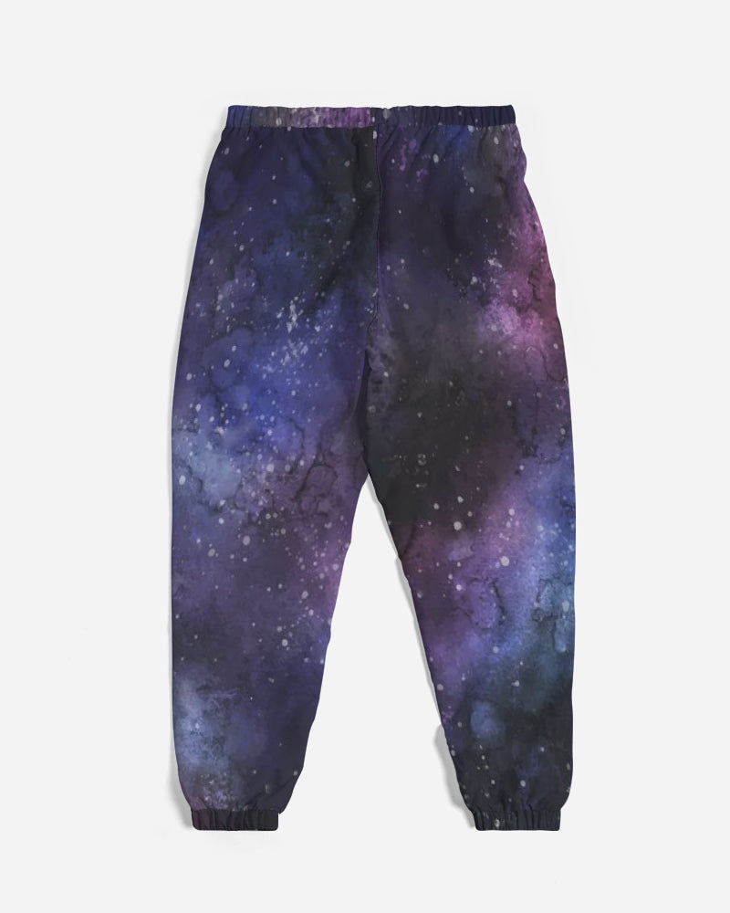 Galaxy Space Men Track Pants, Universe Stars Purple Zip Pockets Quick Dry Mesh Lining Lightweight Festival Elastic Waist Windbreaker Joggers Starcove Fashion