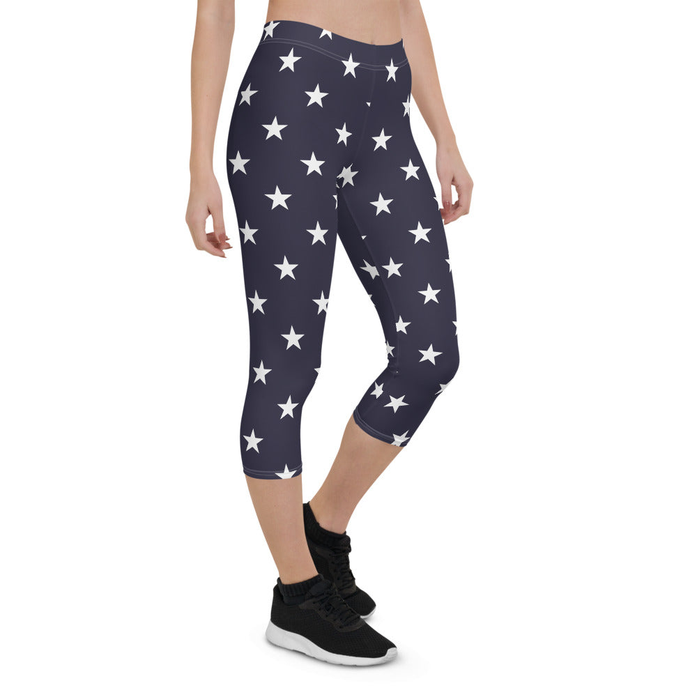 American Stars Capri Leggings for Women, USA America Patriotic Blue Navy 4th July Memorial Day Printed Yoga Pants Cute Gym Fun Designer Tights Gift Starcove Fashion