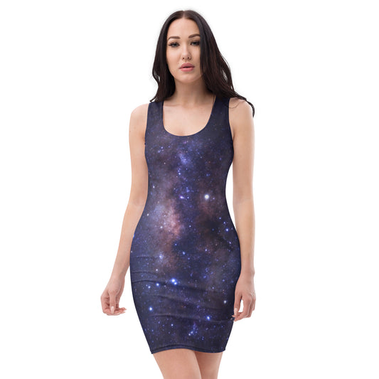 Galaxy Bodycon Dress, Universe Space Stars Milky Way Celestial Sleeveless Mini Cute Pencil Fitted Cocktail Party Women Sexy Starcove Fashion