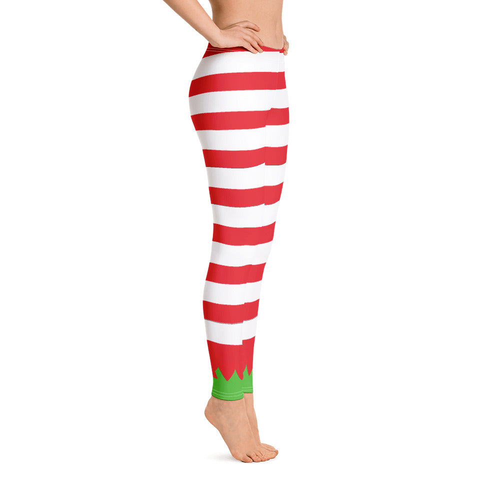 Christmas Elf Leggings, Striped Red White Winter Holiday Xmas Vacation Women Printed Yoga Pants Costume Outfit Cosplay Starcove Fashion