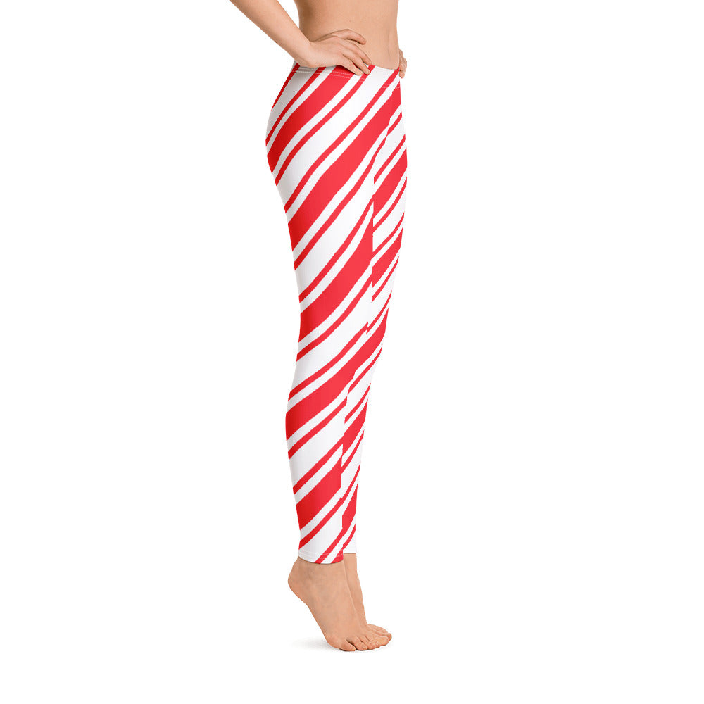 Christmas Candy Cane Leggings, Red White Striped Elf Printed Yoga Workout Winter Party Women Pants Starcove Fashion