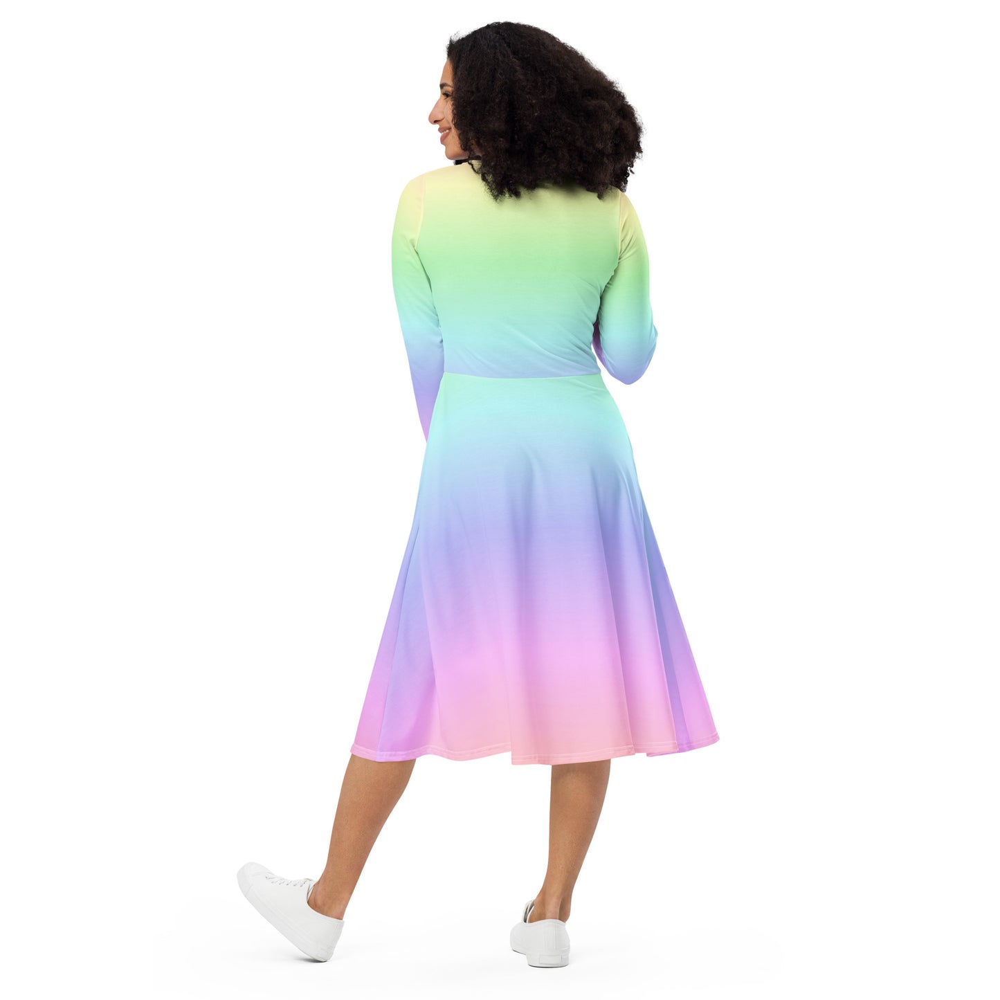 Pastel Rainbow Long Sleeve Midi Dress with Pockets, Women Ombre Gradient Pink Tie Dye Casual Cute Designer Flare Elegant Plus Size Dress Starcove Fashion