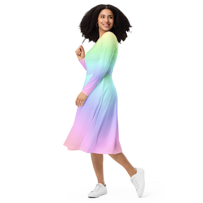 Pastel Rainbow Long Sleeve Midi Dress with Pockets, Women Ombre Gradient Pink Tie Dye Casual Cute Designer Flare Elegant Plus Size Dress Starcove Fashion