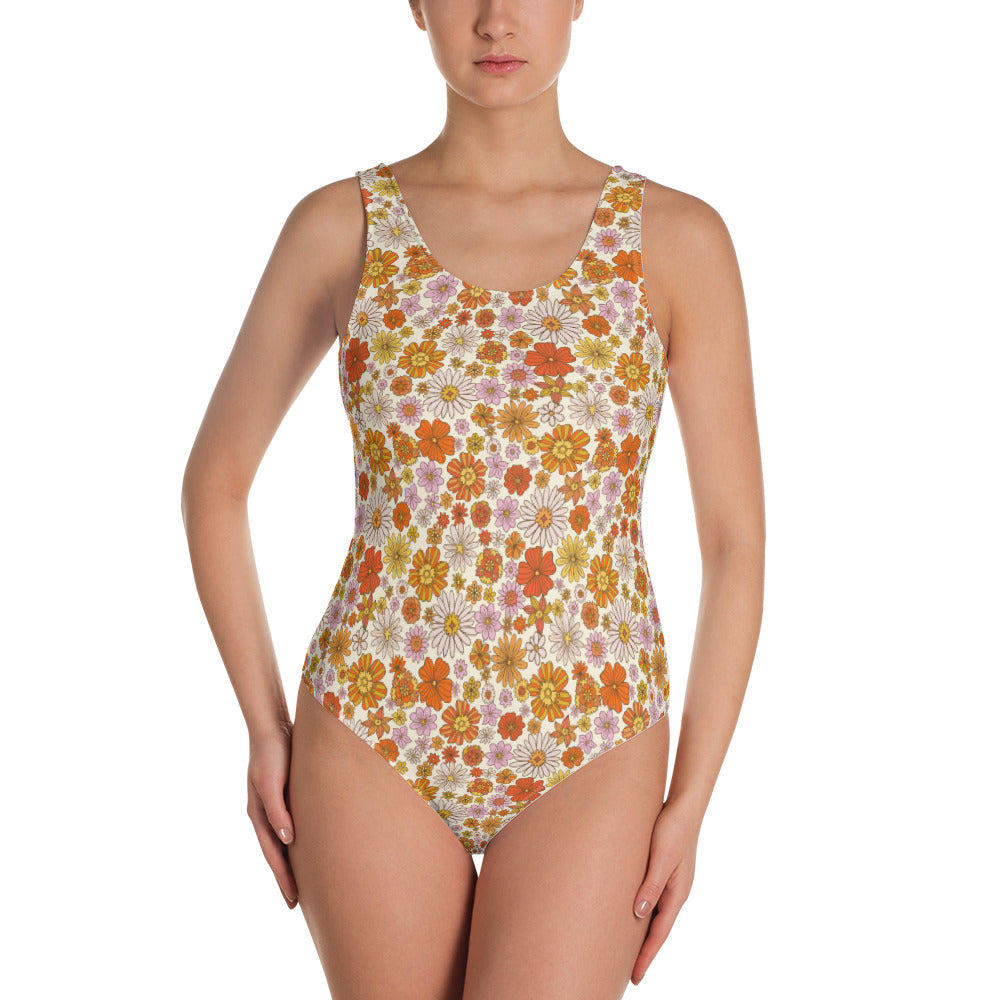 Floral One Piece Swimsuit for Women, Groovy Flowers 70s Retro Orange V –  Starcove Fashion