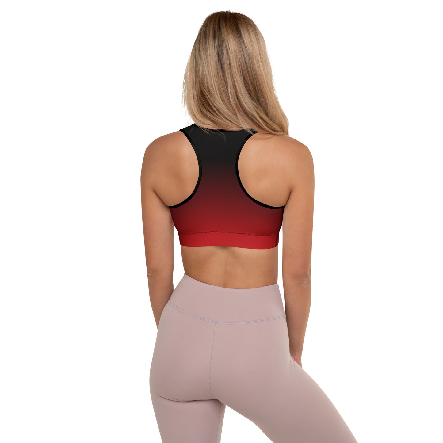 Red Black Ombre Padded Sports Bra, Gradient Tie Dye Moisture Wicking Yoga Fitness Workout Designer Training Top for Women Starcove Fashion
