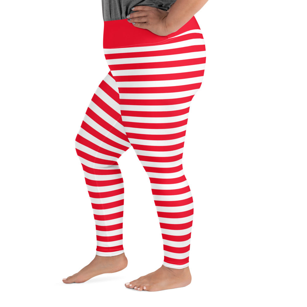 Red and White Striped Plus Size Women Leggings, Printed Christmas Elf Candy Cane Workout Gym Fun Yoga Pants Tights (2XL-6XL) Starcove Fashion