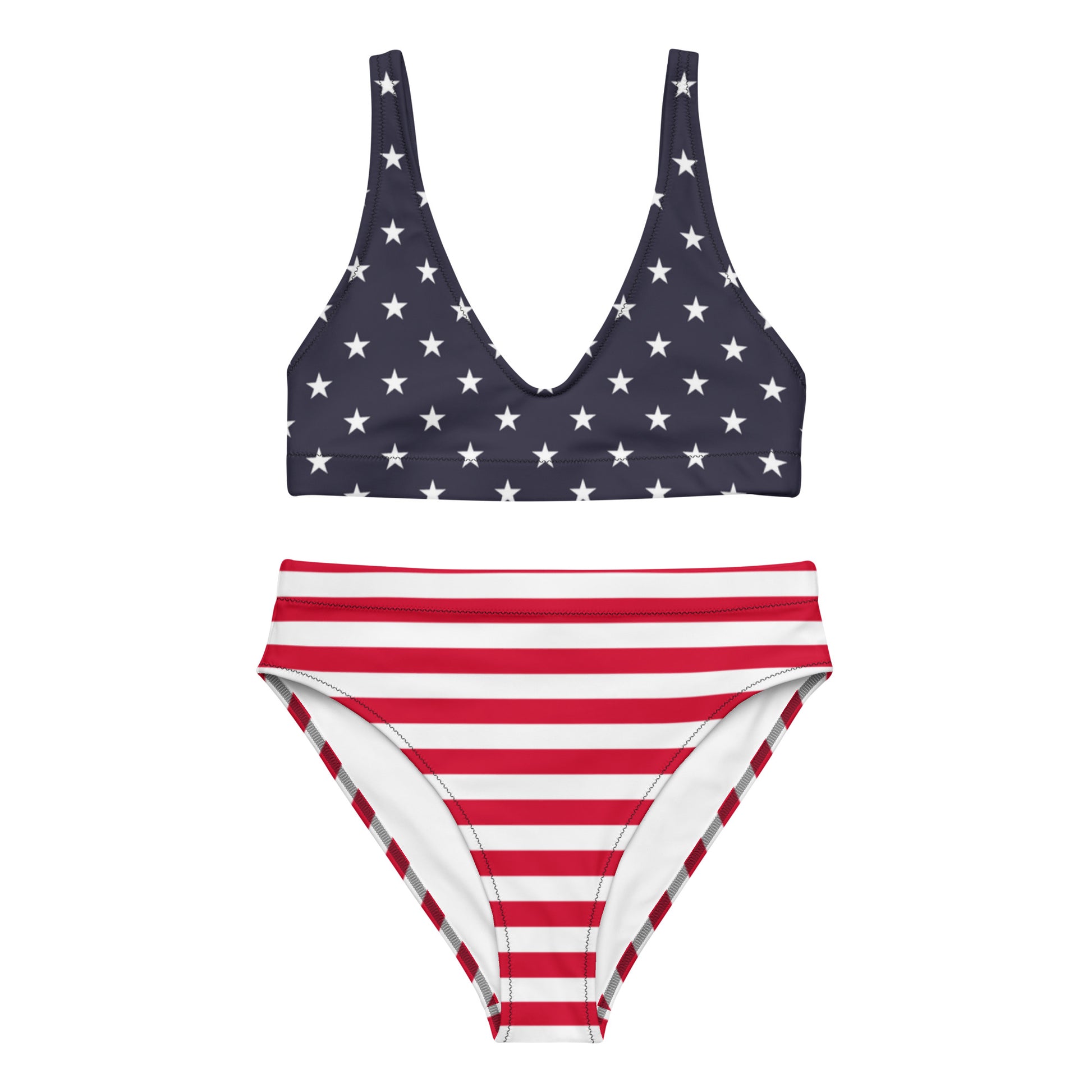 American Flag Bikini Set, USA Patriotic Stars Stripes Red White Blue 4th of July Sustainable High-Waisted Cheeky Swimsuits Women Padded Starcove Fashion