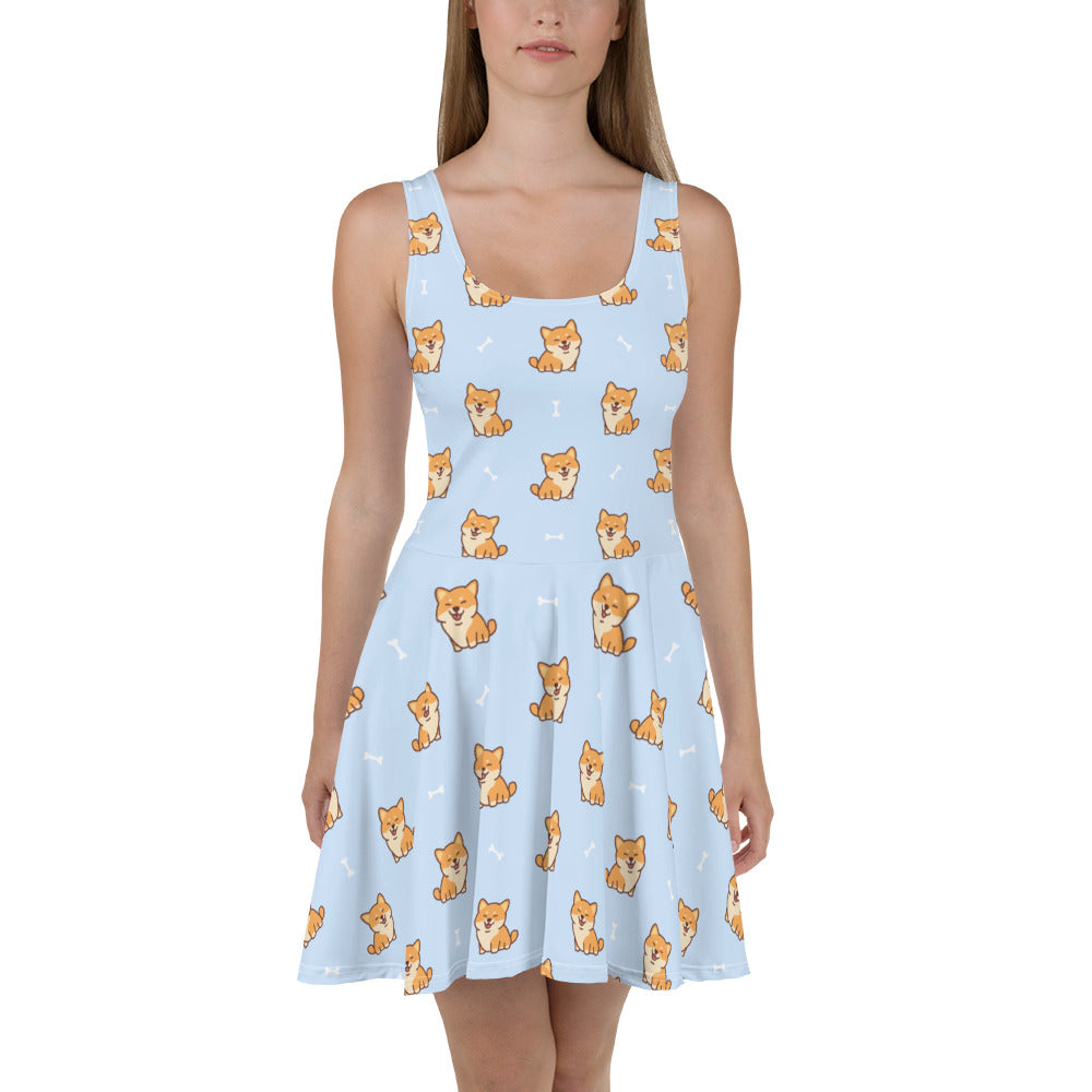 Cute Dog Skater Dress, Corgi Puppy Blue Print Summer Sleeveless Mini Short Handmade Cocktail Party Sexy Women S Cute Dog Skater Dress, Corgi Puppy Blue Print Summer Sleeveless Mini Short Handmade Cocktail Party Sexy Women S