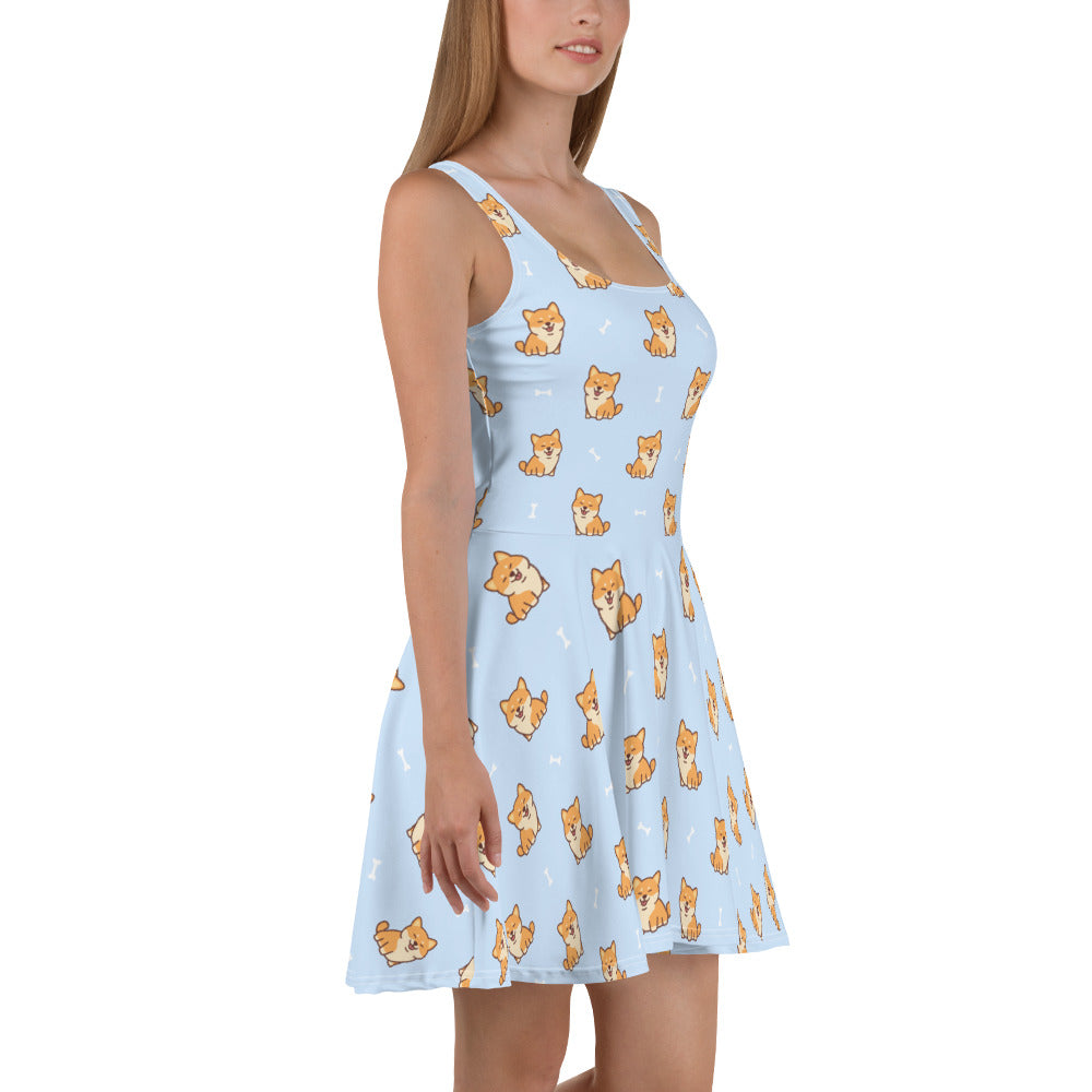 Cute Dog Skater Dress, Corgi Puppy Blue Print Summer Sleeveless Mini Short Handmade Cocktail Party Sexy Women Starcove Fashion
