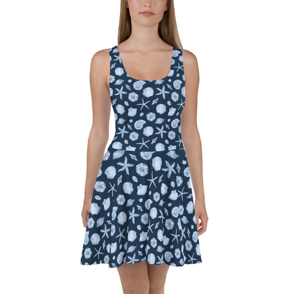 Seashell Skater Dress, Ocean Sea Blue Print Summer Sleeveless Mini Short Cute Handmade Cocktail Party Sexy Women 2XL Seashell Skater Dress, Ocean Sea Blue Print Summer Sleeveless Mini Short Cute Handmade Cocktail Party Sexy Women 2XL