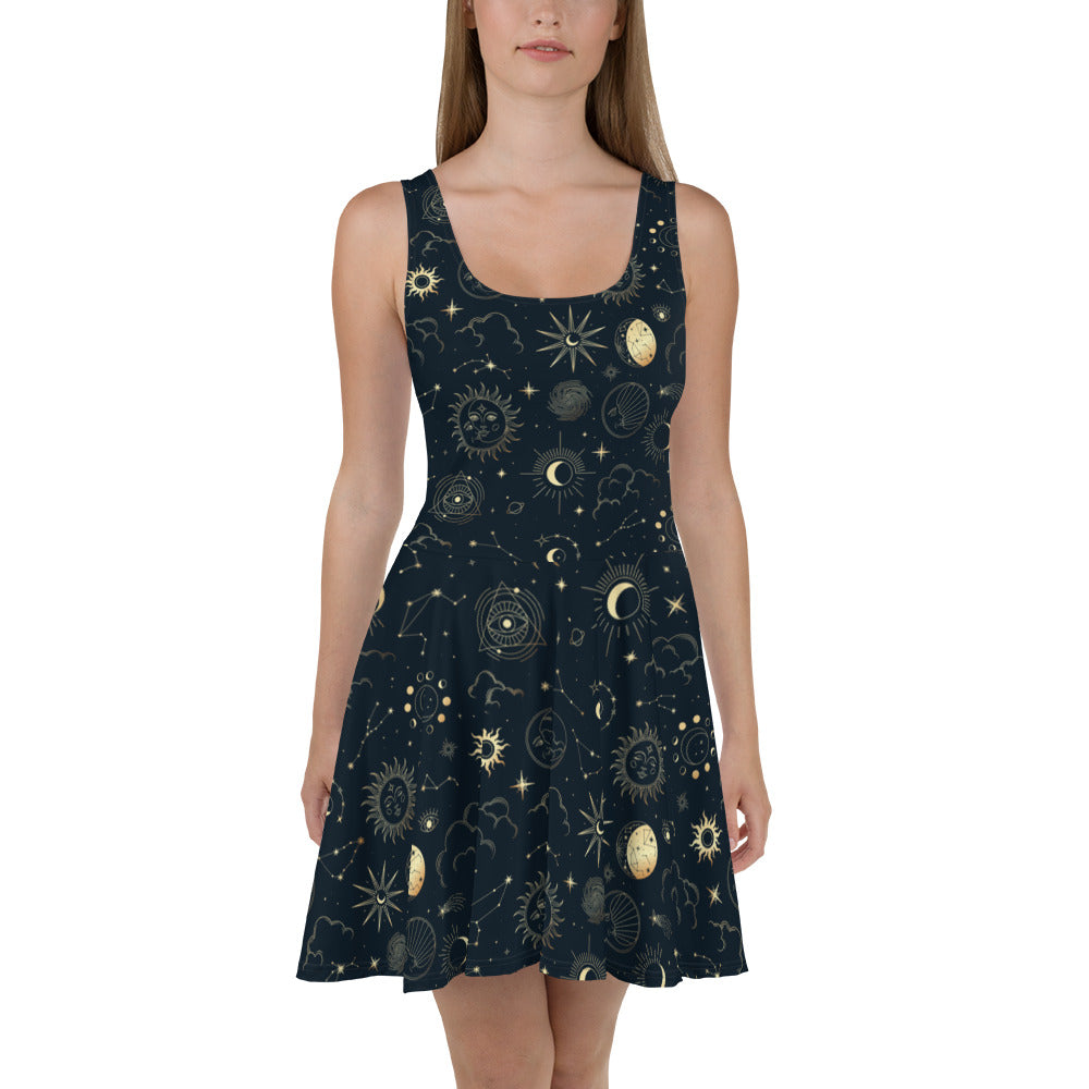 Constellation Skater Dress, Sun Moon Space Stars Eyes Print Witch Blue Summer Sleeveless Mini Short Cute Handmade Party Sexy Women M Constellation Skater Dress, Sun Moon Space Stars Eyes Print Witch Blue Summer Sleeveless Mini Short Cute Handmade Party Sexy Women M