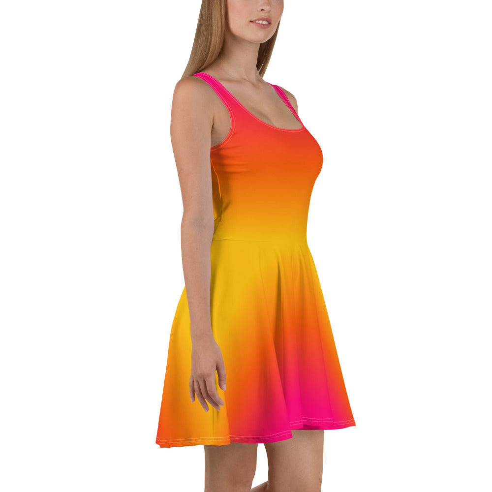 Ombre Skater Dress, Pink Orange Gradient Tie Dye Print Summer Sleeveless Mini Short Cute Cocktail Party Sexy Women Starcove Fashion