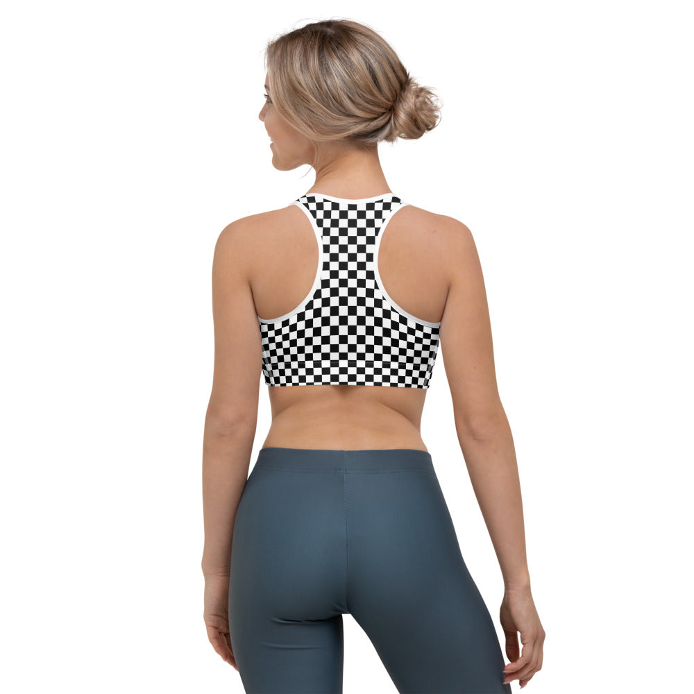 Checkered Sports Bra, Black White Racing Dry Moisture Wicking Yoga Fitness Exercise Workout Designer Training Top for Women Starcove Fashion