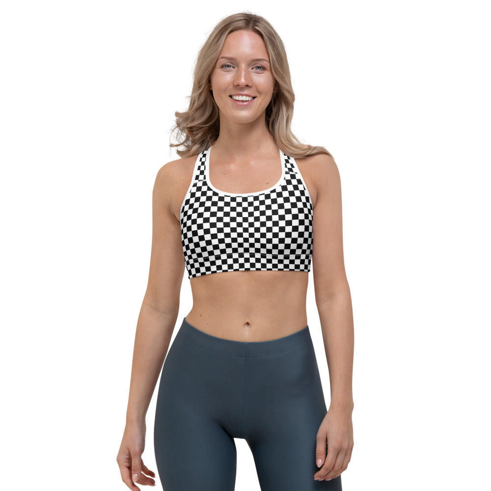 Checkered Sports Bra, Black White Racing Dry Moisture Wicking Yoga