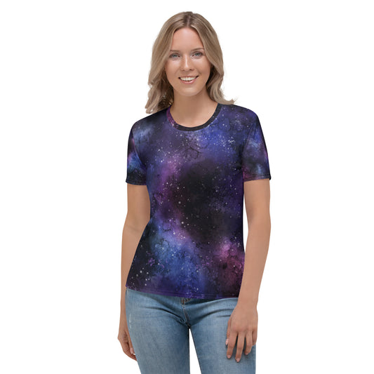 Galaxy Women Tshirt, Space Stars Purple Designer Adult Aesthetic Fashion Fitted Crewneck Tee Shirt Top Starcove Fashion