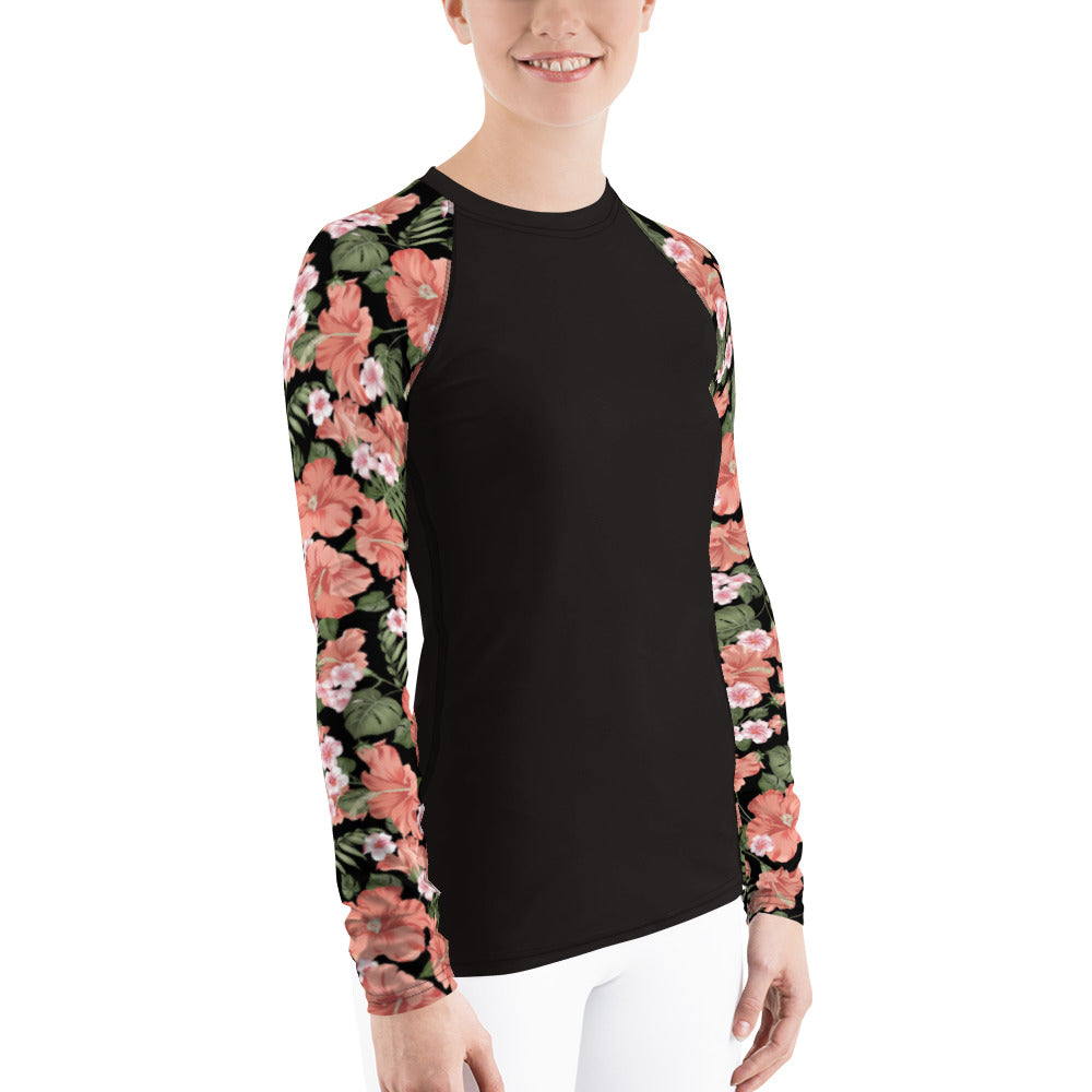 Flower Sleeve Women's Rash Guard, Pink Floral Black Print Surf Long Sleeve Swim Shirt Swimwear Sun Beach Designer Wet Suit Protection 40 UPF Starcove Fashion