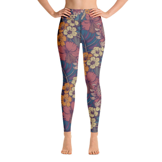 Vintage Flowers Yoga Leggings Women, Floral High Waisted Pants Cute Printed Graphic Workout Running Gym Fun Designer Tights Starcove Fashion