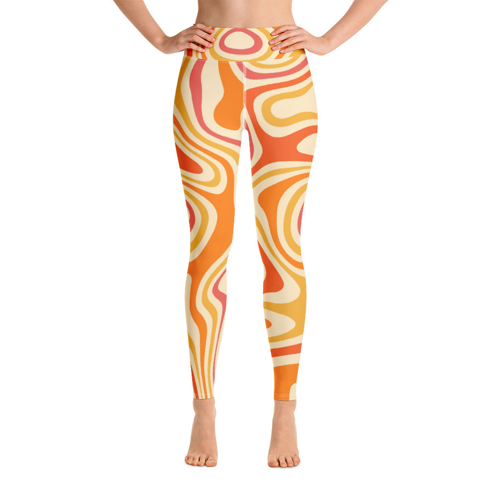 Funky Yoga Leggings Women, Orange Trippy 70s High Waisted Pants