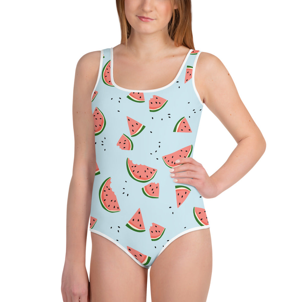 Watermelon Girls Swimsuits (8 - 20), Blue Summer Fruit Cute Kids Jr Junior  Tween Teen One Piece Bathing Suit Young Swimwear