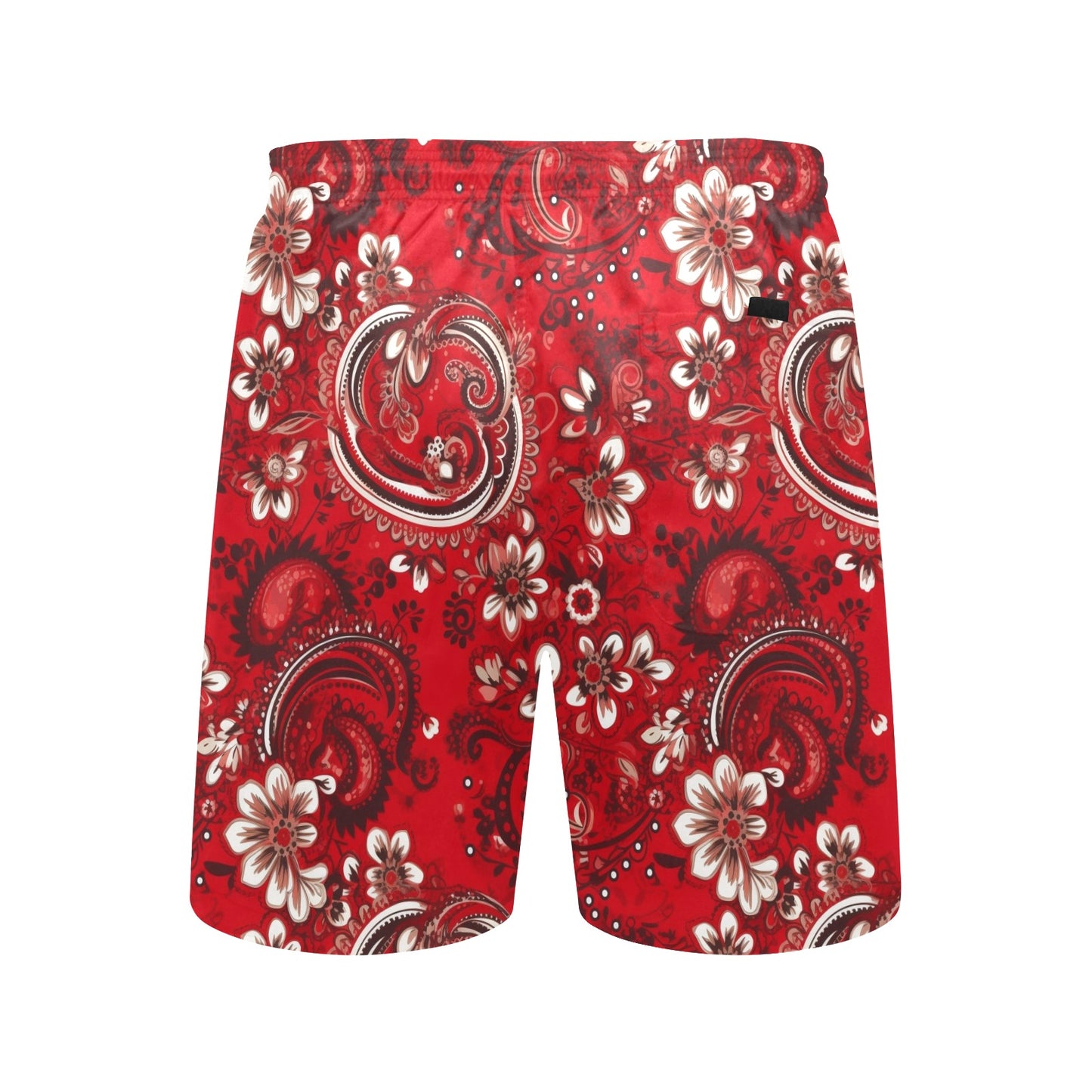 Red Bandana Men Swim Trunks, Paisley Mid Length Shorts Beach Pockets Mesh Lining Drawstring Boys Casual Bathing Suit Plus Size Swimwear Starcove Fashion