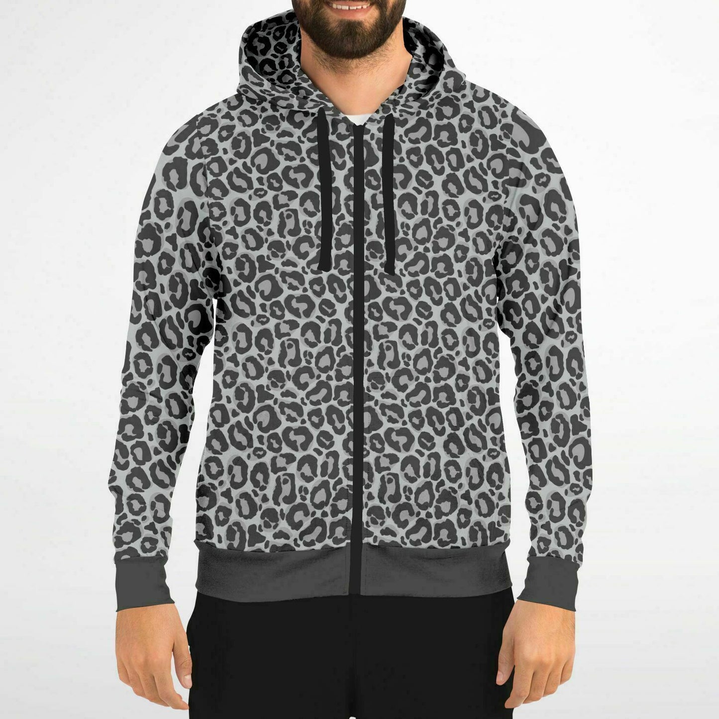 Grey Leopard Zip Up Hoodie, Animal Print Front Zipper Pocket Men Women Unisex Adult Aesthetic Cotton Fleece Hooded Sweatshirt Starcove Fashion