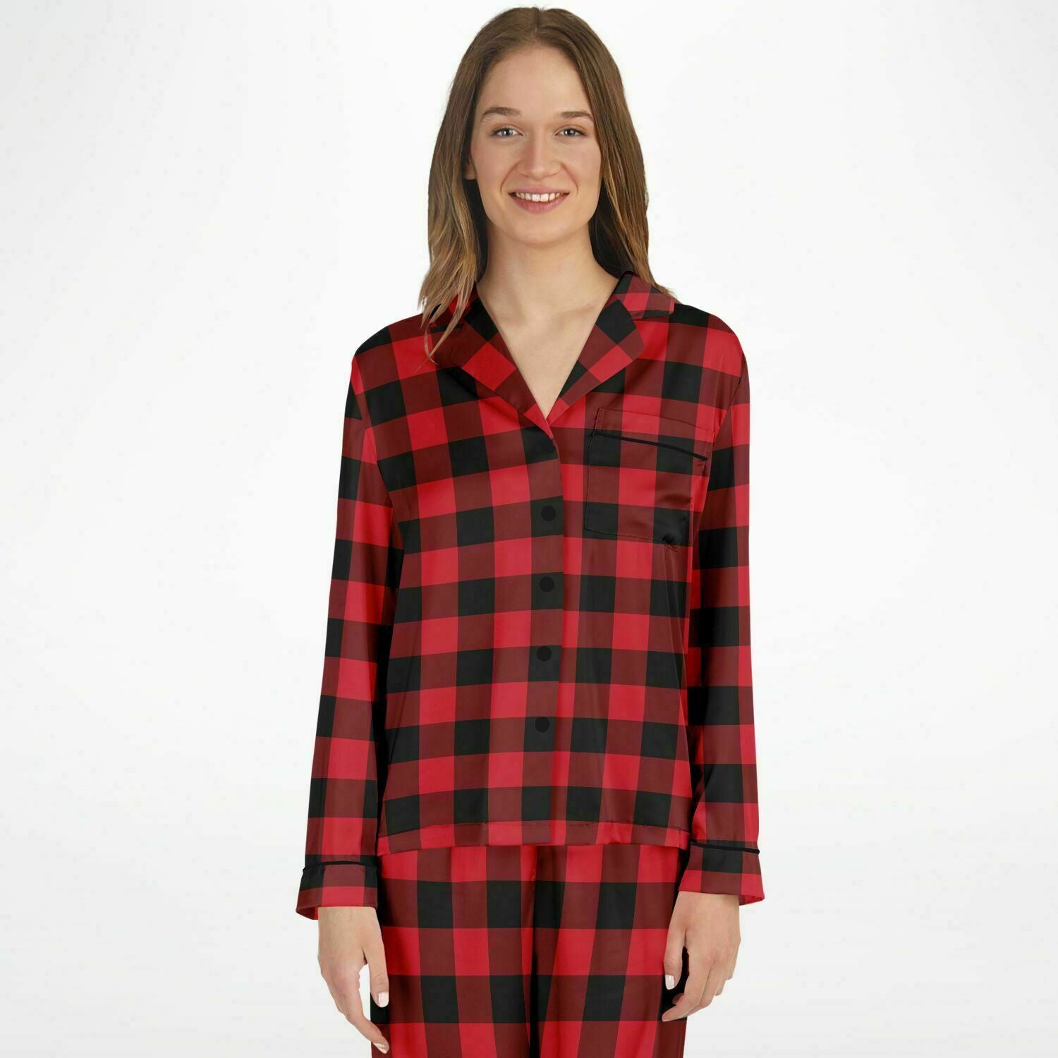 Buffalo Plaid Satin Women Pajama Set, Red Black Check Christmas