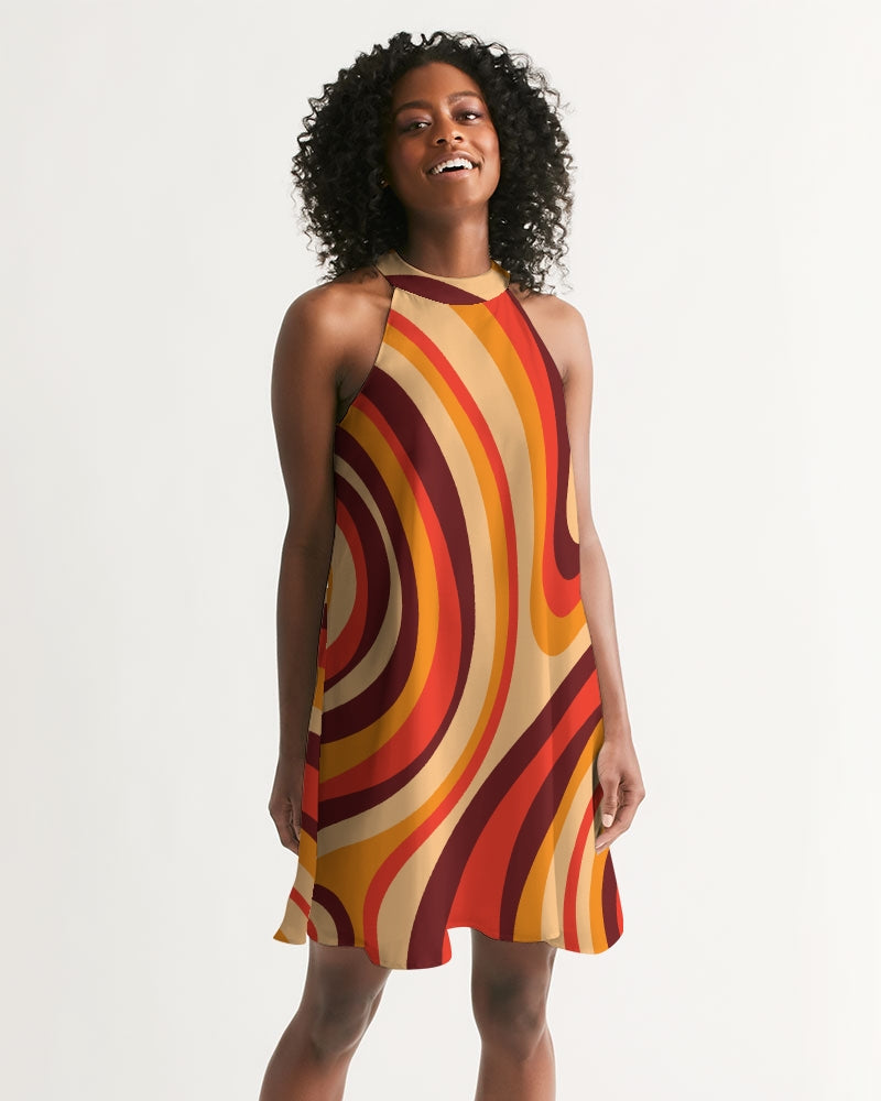 Groovy 70s Retro Women's Halter Dress, Vintage Funky 1970s Summer