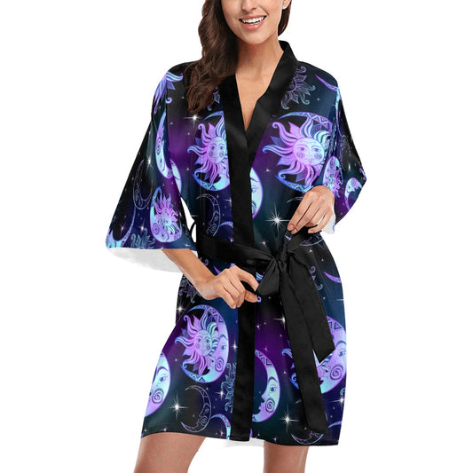 Sun Moon Kimono Robe, Stars Print Purple Oriental Constellation Celestial Boho Bohemian Bathrobe Women's Short Lounge Sleepwear Pajama