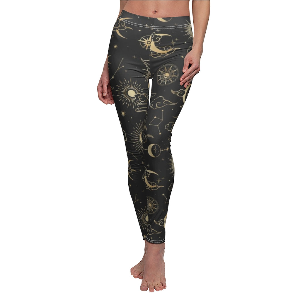Moon Stars Leggings for Women, Black Gold Printed Yoga Pants Cute