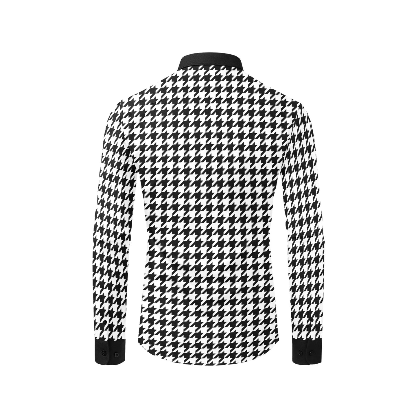Houndstooth Long Sleeve Men Button Up Shirt, Pattern Black White Print Dress Buttoned Collar Dress Shirt with Chest Pocket Starcove Fashion
