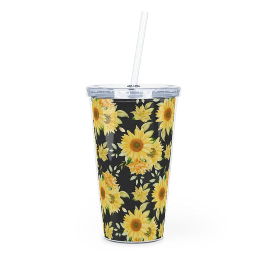 Sunflower Plastic Tumbler with Straw, 20 oz Yellow Black Flowers Floral Travel Mug Water Sports Drinks Gift Men Women Starcove Fashion