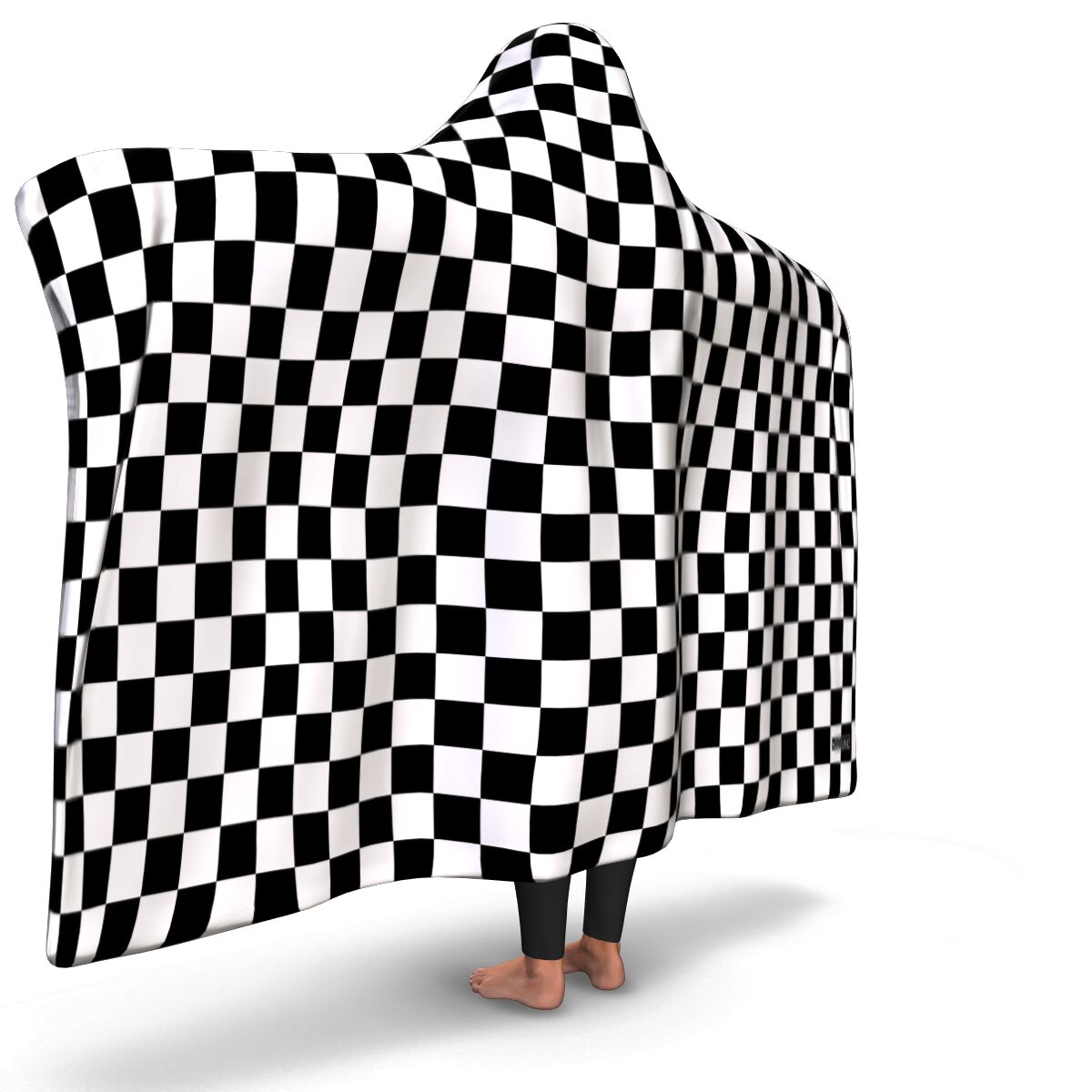 Black White Checkered Hooded Blanket, Check Racing Flag Fleece Microfiber Fluffy Sherpa Adult Youth Men Woman Wearable Cloak Winter Gift Starcove Fashion