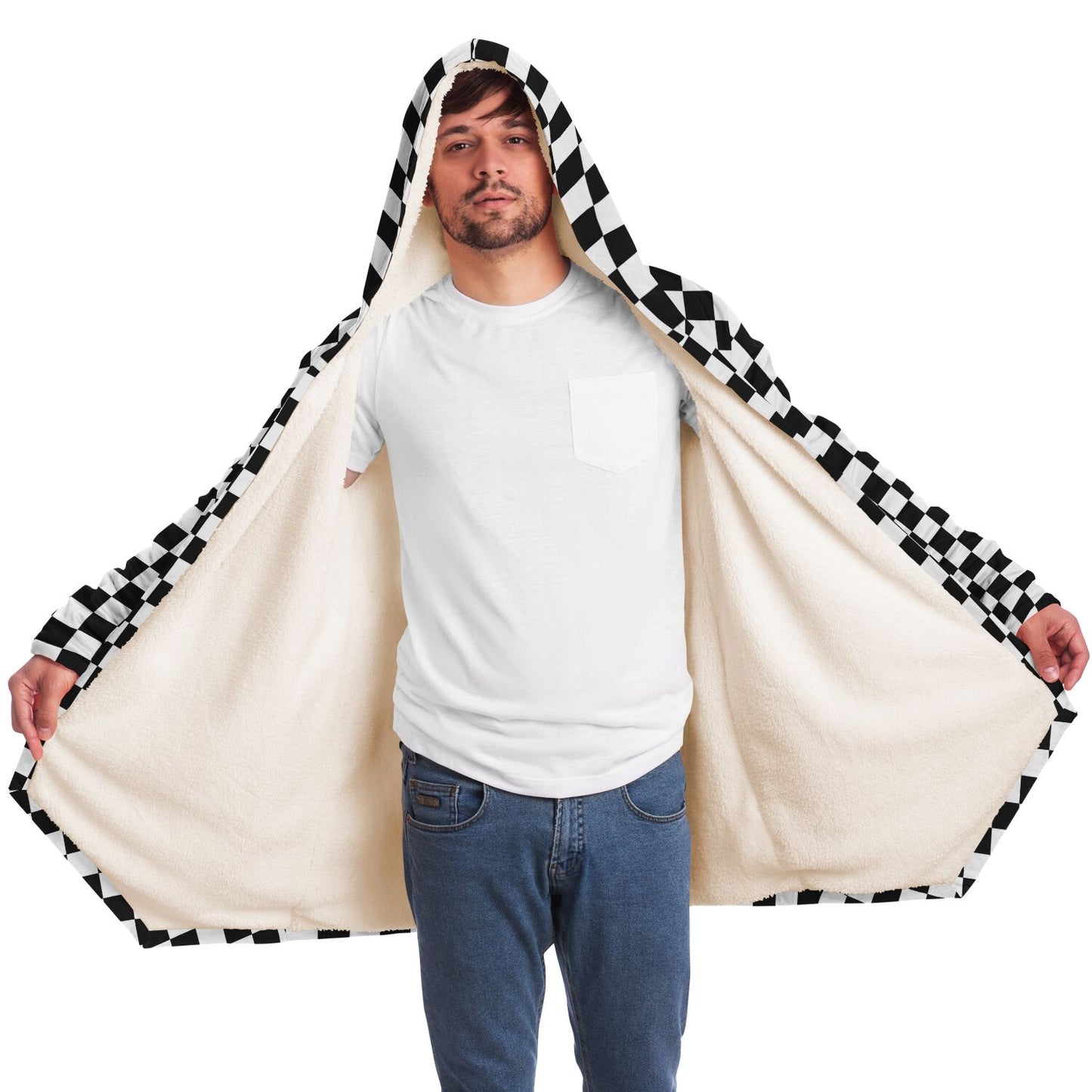 Checkered Hooded Cloak, Black White Check Men Women Modern Winter Warm Mink Blanket Festival Rave Wearable Cape with Pockets Starcove Fashion