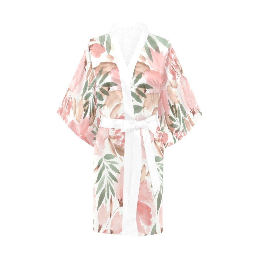 Floral Kimono Robe, Pink Watercolor Retro Flowers Print Peignoir Sexy Women's Short Vintage Lounge Sleepwear Pajama Long Sleeve Bathrobe Starcove Fashion