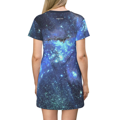Space Galaxy T-shirt Dress, Blue Celestial Constellation Outer Space Star Print Festival Party Night Sky Casual Summer Cover Up Dress Starcove Fashion