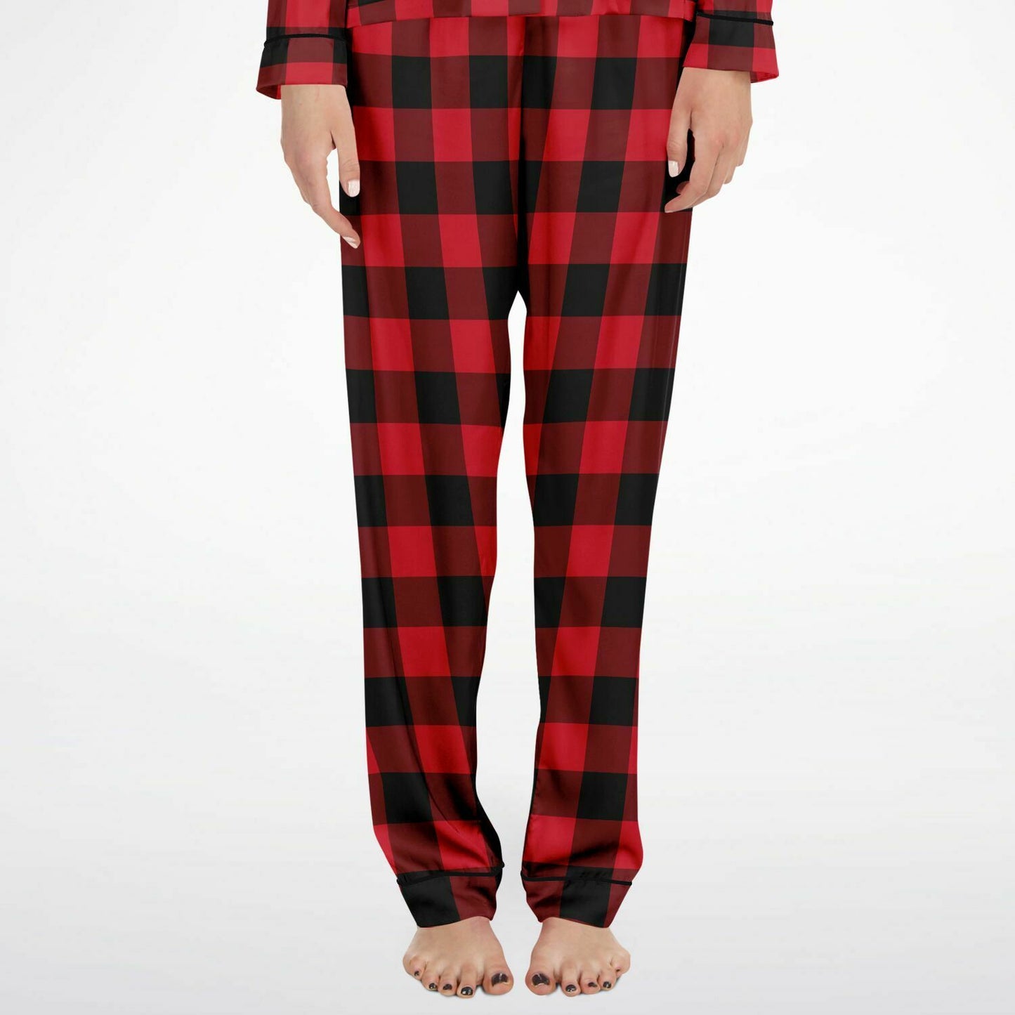 Buffalo Plaid Satin Women Pajama Set, Red Black Check Christmas Long Sleeve Pants Shirt Top Soft Designer PJs Starcove Fashion